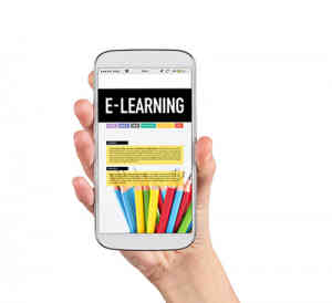 Smartphone in hand and showing E-Learning concept on screen